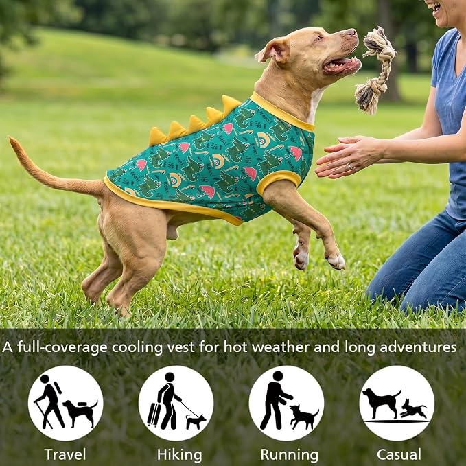 UPF 50+ Sun Protection Dog Shirt - Sleeveless Cooling Vest for Large Dogs Boy, Quick-Dry Pet T-Shirt with Funny Dinosaur Horns, UV Protective Breathable Dog Clothes U-COSBX12L