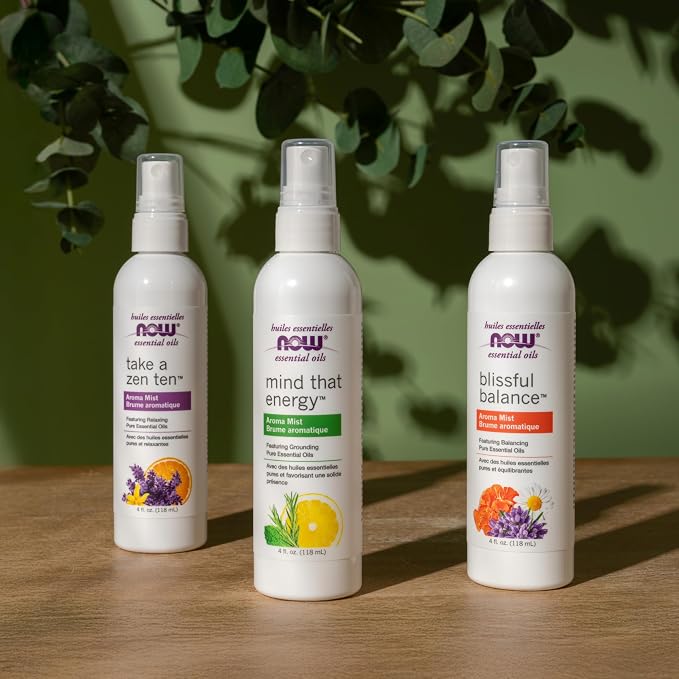Now Essential Oils Mind that Energy Aroma Mist, 4 Fl. Oz - Peppermint, Lemon, Frankincense, Rosemary, Lavender, Sandalwood - Aromatherapy, Organic, Beige (Pack of 2)