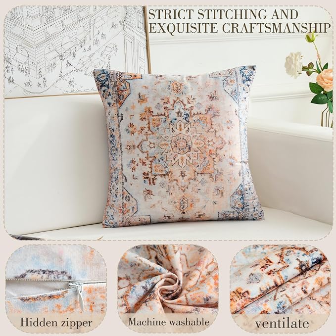 Boho Throw Pillow Covers 16x16 inch Set of 2,Boho Vintage Carpet Pattern Antique Ethnic Decor Double Sided Pattern Cushion Cover Soft Pillow Case Living Sofa Room Bed Square Pillow Cover