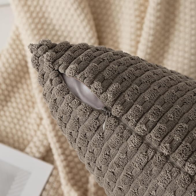 Kevin Textile Soft Corduroy 14"x24" Lumbar Pillow Cover 1 Pack, Light Brown | Boho Stripe Plush Corduroy Decorative Oblong Cushion Cover Modern Farmhouse Home Decor for Sofa Couch Bed Chair