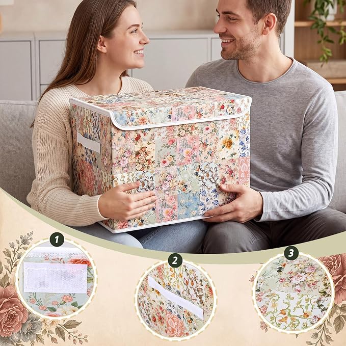 Briwooody Vintage Floral Storage Bin with Lid and Carrying Handle Retro Flower Foldable Storage Box Large Farmhouse Decorative Collapsible Container Basket for Organizing Closet Home Bedroom Gift