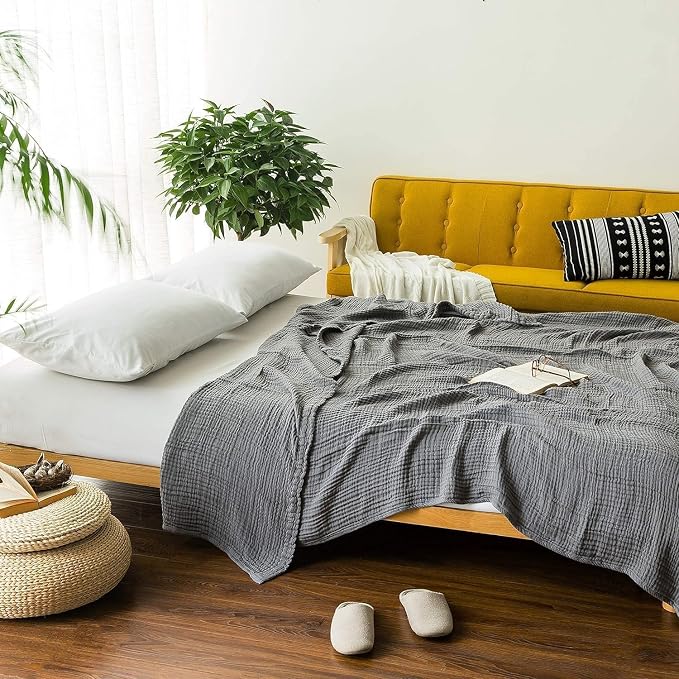 EMME Muslin Blankets for Adults Throw Blanket for Couch Breathable Gauze Soft Lightweight Airy Grey Queen 90" x 90"