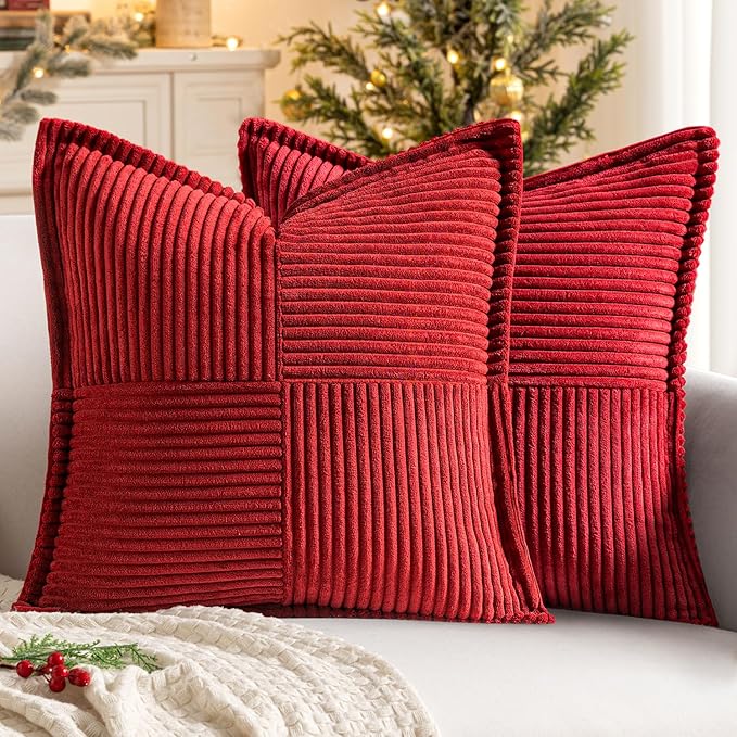MIULEE Decorative Euro Sham Throw Pillow Covers 24x24 Inch Red 2 Pack | Boho Broadside Striped Patchwork Pillow Covers, Soft Corduroy Cushion Cases, For Bed Sofa Couch Livingroom Home Decor