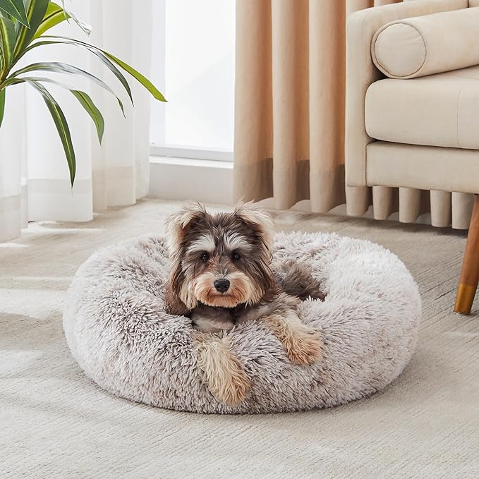 Western Home Calming Donut Small Dog Cat Bed Washable Puppy Bed,24" | Fluffy Faux Fur Round Cuddler,Anti-Anxiety,Anti-Slip Bottom,Pet Beds for Puppy&Small Dog&Large Cat,Up to 25 LBS White Khaki