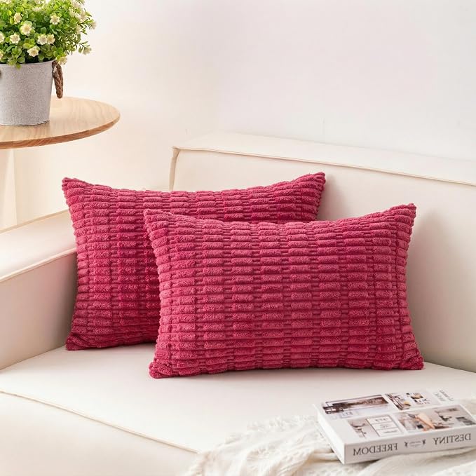 Pack of 2 Corduroy Decorative Throw Pillow Covers 12x24 Inch, Rose Red | Fall Soft Striped Pillow Covers Modern Farmhouse Home Decor Christmas Throw Pillow Covers for Sofa Living Room Couch Bed