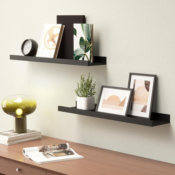 Boswillon Floating Shelves Set of 2, Long Wall Shelf with Lip, 24in, Black | Display Ledge Shelf for Room Wall, Wall Decor Shelves for Bathroom, Living Room, Bedroom, Kitchen, Nursery Room, Modern, Wood