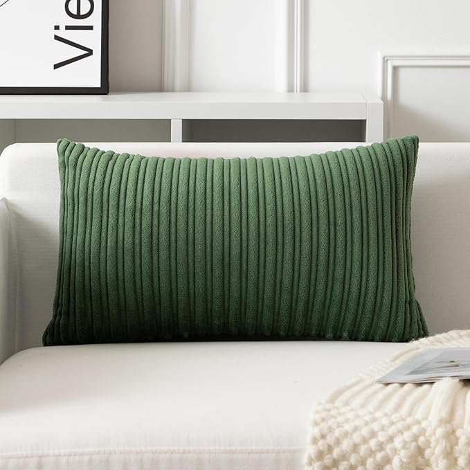 UGASA 14x20 Inch Pillow Cover Pack of 1 Soft Boho Stripe Corduroy Long Rectangular Lumbar Cushion Cover Farmhouse Decorative Throw Pillowcase for Bed, Couch, Sofa, Bedroom, Living Room, Moss Green