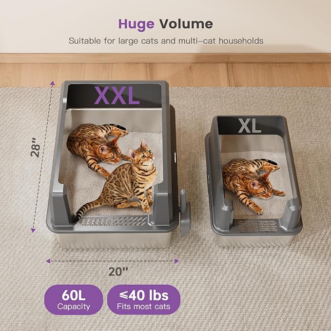 XXXXX+L Stainless Steel Cat Litter Box with Lid, 28" L x 20" W x 16" H Metal Litter Box with High Sides for Big Cats & Multiple Cats, Never Absorbs Odors, Anti-Urine Leakage, Easy Cleaning (Gray)