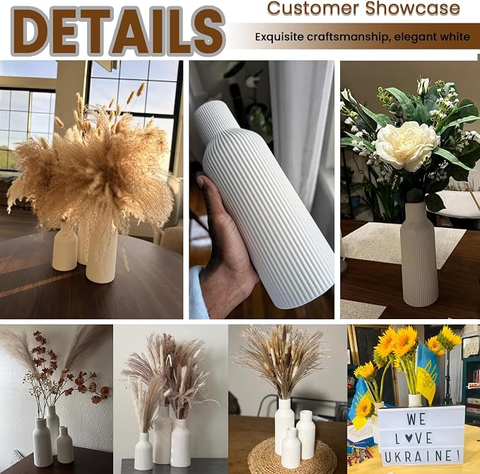 Colorful Ceramic Vases Set of 3, Smooth Round Vertical Ribbed,Minimalist for Pampas Dried & Fresh Flowers, Centerpiece for Living Room, Shelf, Entryway, Wedding(Pink, Blue, Orange)