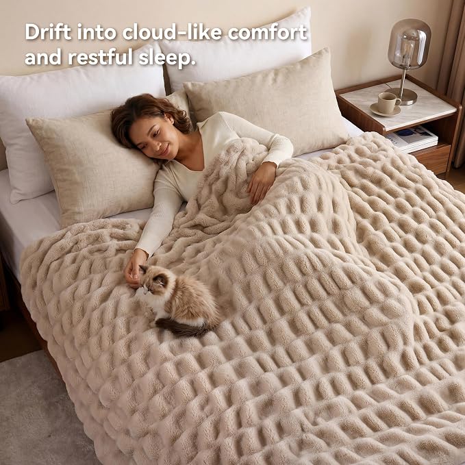 Linen Fluffy Blanket for Couch - Luxury Faux Rabbit Fur 50"x60" | Ultra Soft & Plush Comfort Ruched Blanket, Cozy Fuzzy Fleece Throw for Sofa, Bed & Office, Gift for Women, Linen Room Decor