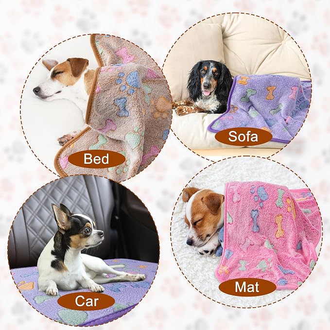 1 Pack 3 Blankets for Dog Puppy Cat (Small 23x16'', Purple, Pink, Brown) | Super Soft Fluffy Premium Fleece Pet Blanket Flannel Paw Printed Throw