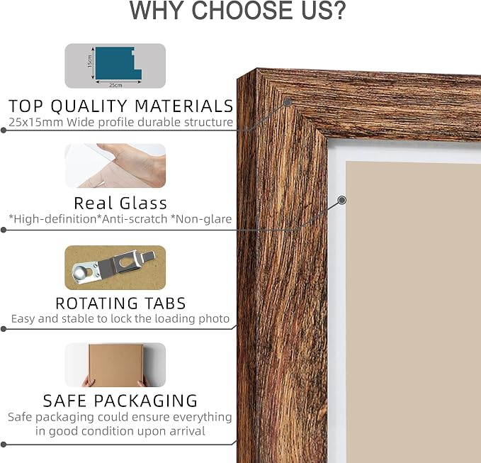 Hongkee 12x12 Picture Frame Set of 4 - Made of Glass and Rustic Brown Wooden Frame, Display Square Pictures 10x10 with Mat or 12 x 12 without Mat, Desktop & Wall Collage Photo Frame
