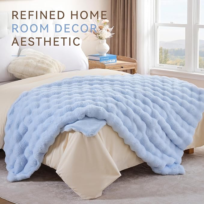 Faux Rabbit Fur Throw for Couch - Light Blue Bubble Blanket 50"x60" | Fluffy Plush Fuzzy Throw for Sofa & Bed, Super Soft Cozy Comfrt Blanket, Luxury Aesthetic Light Blue Decor Gift for Women