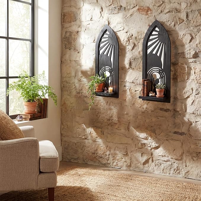 ZEXUIRU 2 Set Rustic Candle Sconces Living Room Bedroom Entryway Wood Mirrored, Farmhouse, Carved Frame Wall-Mount Wooden Candle Holders Wall Decor Hanging Handmade Holder - Black