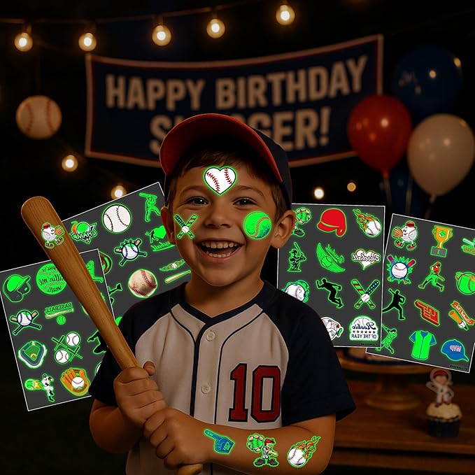96PCS Baseball Pre-Cut Temporary Tattoos for Kids - Sports Themed Birthday Party Supplies, Fun Stickers for Boys & Girls, Party Favors, School Prizes, Summer Olympic Gifts (Glow in the dart)