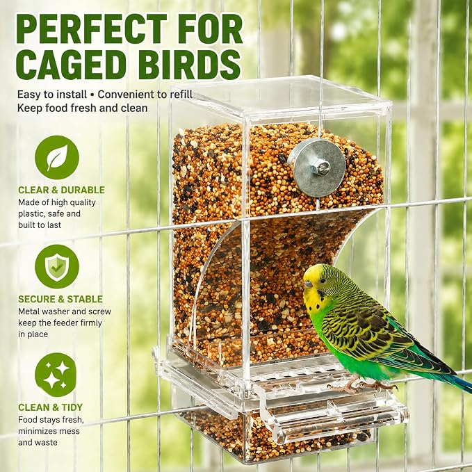 Rypet No-Mess Automatic Bird Feeder, Parakeet Cage Accessories | Transparent Acrylic Food Level Check, Helps Reduce Seed Scatter, for Small Birds Cockatiel Parrot Canary