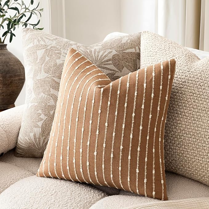 Foindtower Pack of 2 Decorative Jacquard Boucle Throw Pillow Covers Accent Textured Striped Pillowcases Cozy Modern Cushion for Couch Sofa Bedroom Living Room Home Decor 18x18 Inch Rust Tobacco