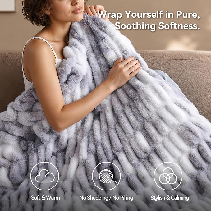 Tie Dye Grey Fluffy Blanket for Couch - Faux Rabbit Fur 50"x60" | Ultra Soft & Plush Comfort Ruched Blanket, Cozy Fuzzy Fleece Throw for Sofa, Bed & Office, Gift for Women, Grey Room Decor