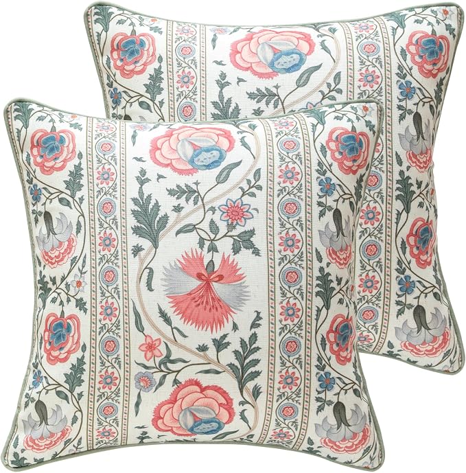 Designer Linen Throw Pillow Cover,Set of 2,18"x18"-Daffy B | Vintage French Elegant Square Pillow Cover,Concealed Zipper Design,Floral Pattern,Sofa,Bedroom,Living Room,Lounge Chairs