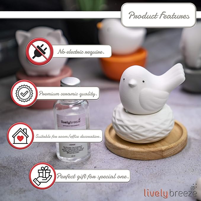 Little Bird Nest, Non-Electric Ceramic Diffusers for Essential Oils and Aromatherapy Fragrance, White Ceramic Diffusers in Car or Bathroom and Desk Office Decor, White Vase