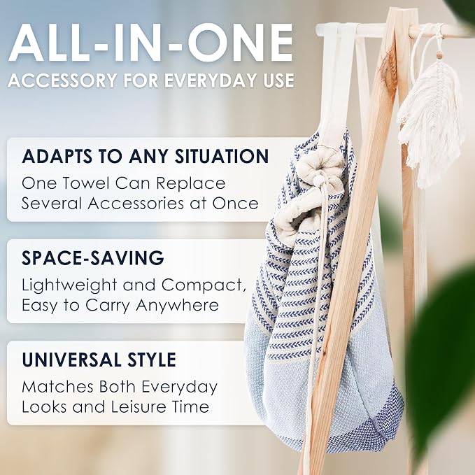 ATANI Turkish Beach Towel (71x39 Inches), Converts to a Bag, Oversized 100% Cotton Bath Towels Lightweight Quick-Dry Beach Blanket for Travel, Picnic, Camping, Yoga and Pool (Blue)