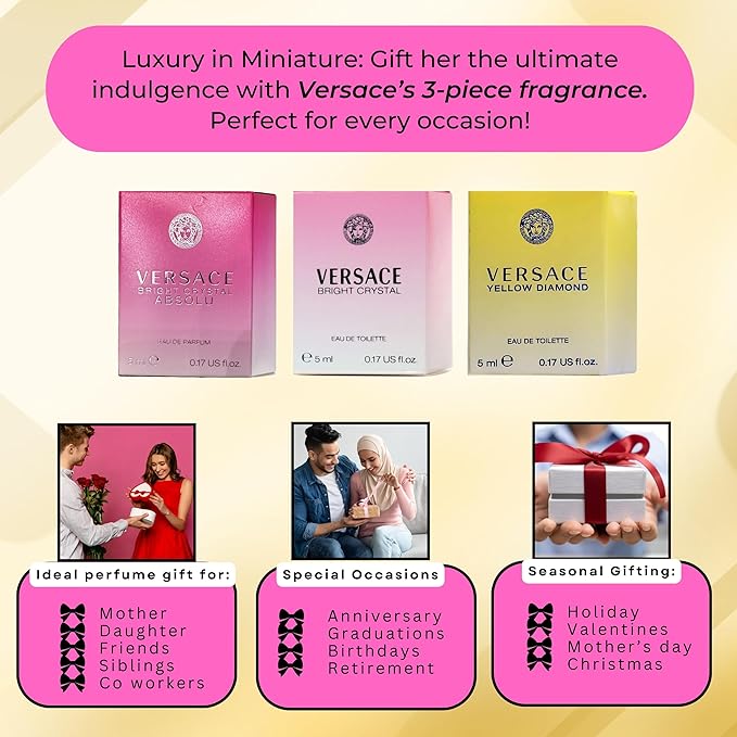 Versace 3-piece Miniatures Fragrance Collection - Bright Crystal Absolu, Bright Crystal, Yellow Diamond - Gift set for Women 0.17 fl oz each