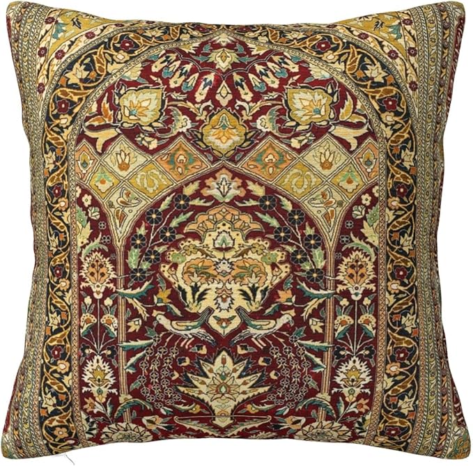 Hereke Turkish Antique Silk Rug Print Pillow Covers Decorative Square Throw Pillowcase 18x18 Inch Couch Cushion Cover for Home Decor Living Room Bedroom College Dorm Bed Car Sofa