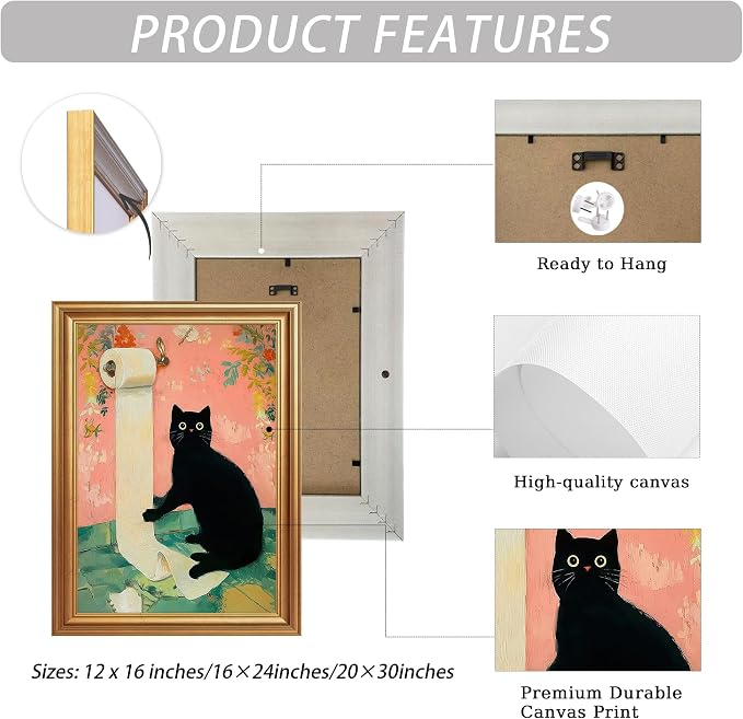 ICHZUMW Gold Framed Funny Black Cat Toilet Paper Canvas Wall Art, 8x10 In | Quirky Cat Print Humorous Pink Bathroom Wall Decor, Restroom Powder Room Guest Toilet, Fade Resistant, Ready to Hang