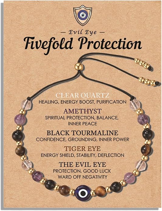 Evil Eye Bracelet for Women Tiger Eye Amethyst Energy Protection Bracelet Natural Crystal Beaded Healing Bracelet Spiritual Guardian Jewelry Gift