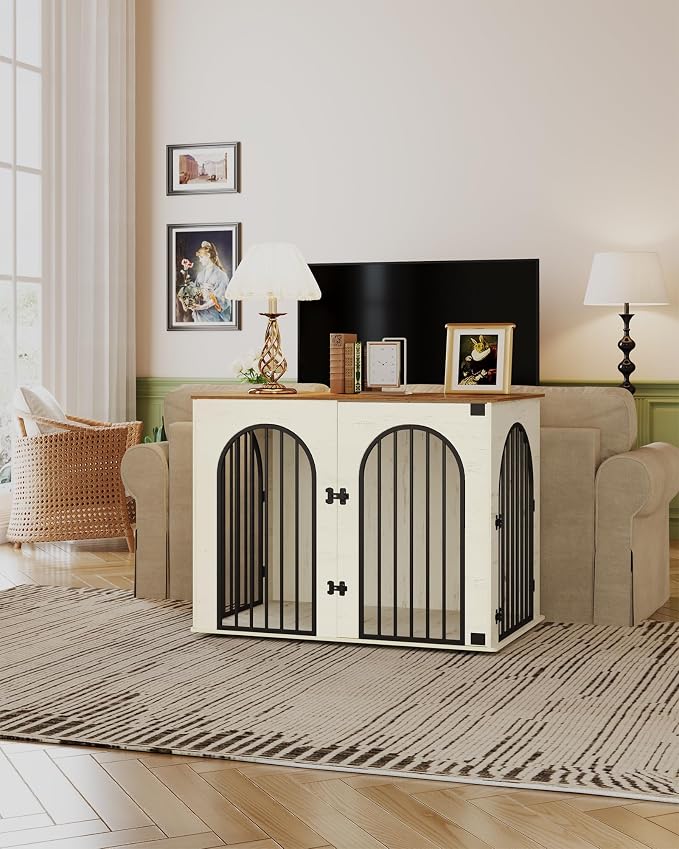 Hzuaneri 44.1'' Dog Crate Furniture,Dog Kennel Indoor for Medium/Large Dogs | Dog Kennel Furniture Wooden Dog Cage Heavy Duty Dog Crate Decorative Pet House End Side Table TV Stand,White Brown DFC83914B