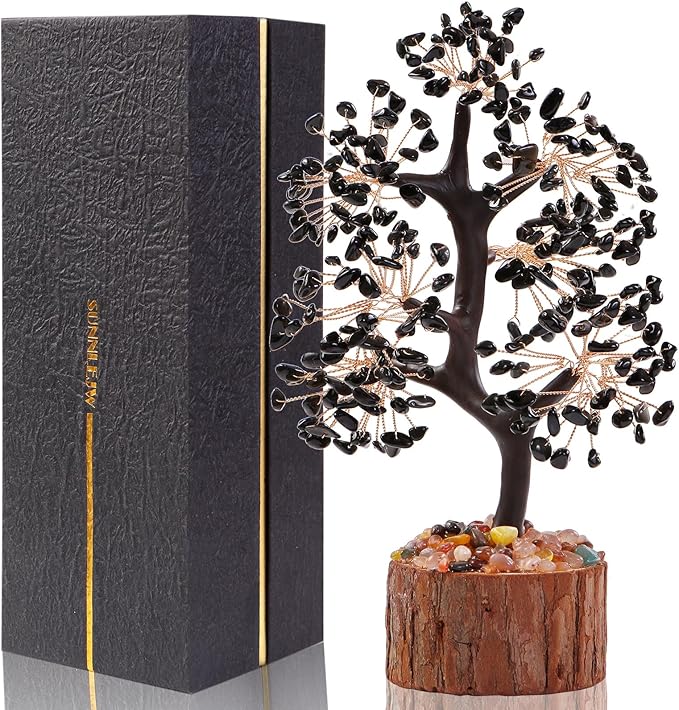 Black Obsidian Crystal Tree of Life Chakra Stone, Birthday Gifts for Women, Mon, for Sister,Feng Shui Office Decor Tree for Postive Energy, Money, Good Luck, Christmas Decor, Spiritual Gifts