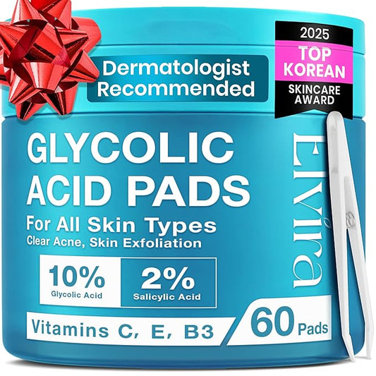 Elvira Glycolic Acid Exfoliating Facial Pads With 10% Glycolic Acid, 2% Salicylic Acid & Niacinamide - 60 Toner Pads, Daily Peel Treatment for Acne Prone Sensitive Skin