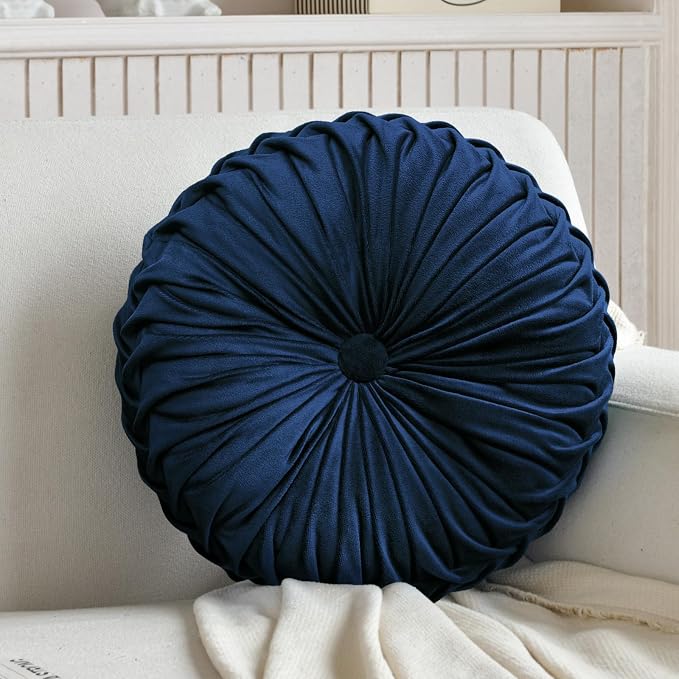 Teieas 2 Pcs Round Throw Pillows Decorative Velvet Pleated Navy Blue | Boho bed pillows,back support for couch,chair,dorm,car,sofa,home decor 14.96''