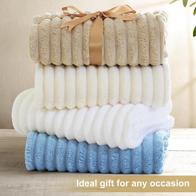 decorUhome White Fleece Throw Blanket 50x60 Inches | Soft Couch Cozy Fluffy Plush Flannel Striped Blanket for Sofa Bed, Lightweight Decorative Ribbed Fuzzy Blanket for Woman