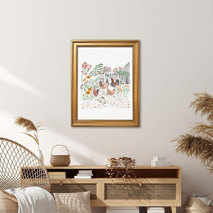 Framed Cottagecore Chicken Wall Art Painting Farmhouse Hens Print Rustic Country Farm Illustration Picture Poster Vintage Pastoral Canvas Artwork Aesthetic Cottage Home Kitchen Room Decor 12x16inch