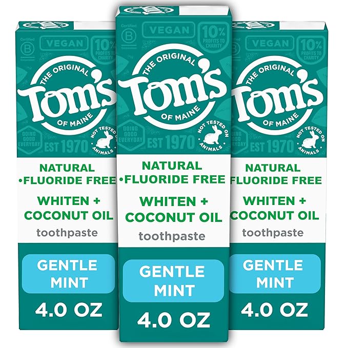 Tom’s of Maine Whiten Plus Coconut Oil Fluoride Free Toothpaste, Natural Whitening Toothpaste with Plant-Based Cleansers, Whitens Without Causing Sensitivity, Gentle Mint, 4.0 Oz (Pack of 3)