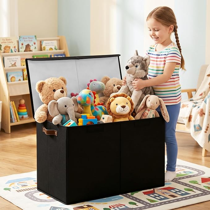 Large Toy Storage Box with Lids, Collapsible Sturdy Baby Storage Organizer Chest Bin Basket for Kids, Boys, Girls, Playroom, Nursery, Bedroom, Closet 25"x13"x16" (Black)