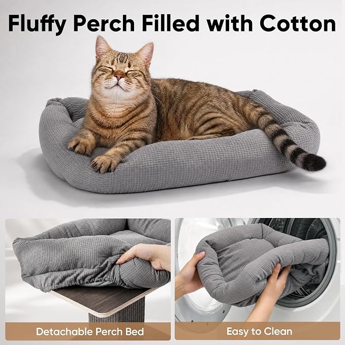 FUKUMARU Retro-Style Cat Scratching Post with Perch for Indoor Adult Cats | 28.7" Elevated Tall Cat Bed, Solid Wood Large Cat Scratcher Tower with Bed, Aesthetic Cat Tree Furniture with Natural Sisal