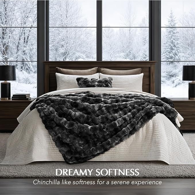 Faux Rabbit Fur Bubble Throw Blanket, 50"x60", Marble Black | Ultra Soft, Luxury Faux Rabbit Fur Throw, Thick Warm Bubble Blanket, Cozy Fluffy Reversible, for Bed, Couch, Chair, Sofa