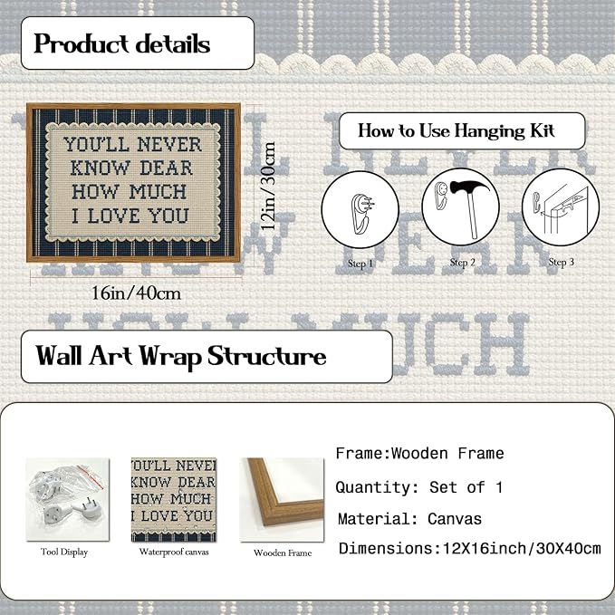 Framed You'll Never Know Dear How Much I Love You Wall Art, Vintage Nursery Blue Striped Pictures Wall Decor, Inspirational Quote Paintings Canvas Prints for Baby Boy Bedroom Living Room 12x16 inch