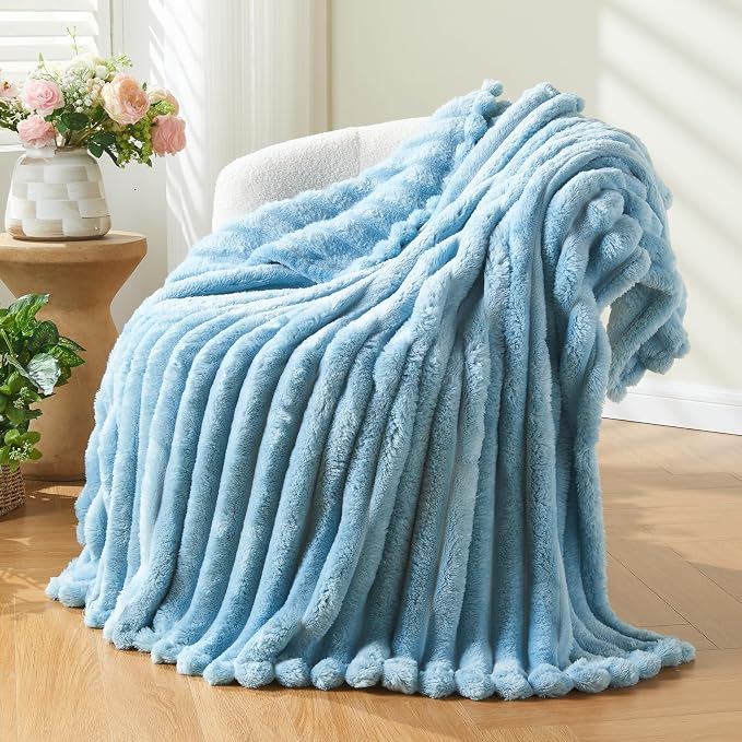 NEWCOSPLAY Fleece Ribbed Cozy Queen Blanket for Couch, Blue, 90"x90" | Premium Silky Flannel Blanket, Soft Lightweight Fluffy Throw Blanket for Bed Sofa Decor, Gift for All Season Use