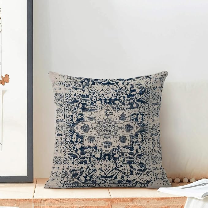 AEIOAE Boho Pillow Covers 22x22 Inch Set of 2,Carpet Pattern Throw Pillows Case,Navy Blue Beige Ethnic Design Outdoor Decorative Square Linen Farmhouse Decor Cushion Covers for Home Sofa Bed Couch
