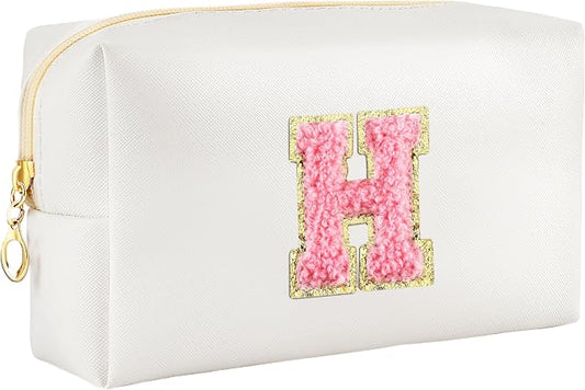 URSKYTOUS Initial Makeup Bag Personalized Preppy Travel Small Cosmetic Bag Cute PU White Chenille Letter Makeup Pouch for Purse Waterproof Zippered Toiletry Organizer for Women Girls Kids Friends (H)
