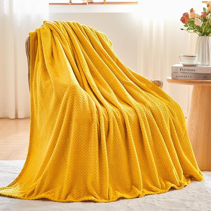 NEWCOSPLAY Fleece Leaves Pattern Queen Blanket, Mustard Yellow, 90"x90" | Super Soft Throw Blanket, Lightweight Cozy Bed Sofa Blanket, Premium Silky Flannel Fleece, Travel Blanket for All Season Use