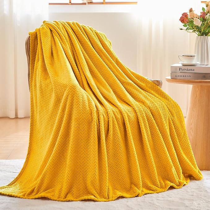 NEWCOSPLAY Fleece Leaves Pattern Throw Blanket, Mustard Yellow, 50"x60" | Super Soft Throw Blanket, Lightweight Cozy Bed Sofa Blanket, Premium Silky Flannel Fleece, Travel Blanket for All Season Use