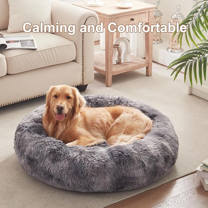 36 in Faux Fur Fluffy Donut Dog Bed for Large Dogs,Tie-dye Grey | Calming Plush Round Pet Bed with Removable & Washable Cover,Fits up to 80 lbs Pets
