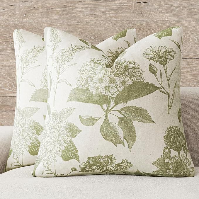 Foindtower Set of 2 Linen Floral Throw Pillow Covers Vintage Accent Print Decorative Cozy Cushion Covers Farmhouse Boho Home Decor for Sofa Chair Couch Bedroom Living Room,24×24 Inch,Light Green