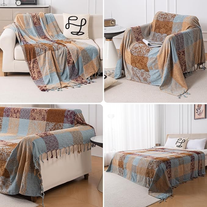 Boho Chenille Throw Blanket, Bohemian Jacquard Tassels Cover for Couch Bed, Decorative Sofa Slipcover Protector - Colorful Tribal Pattern (Vintage, 86 * 102 in)