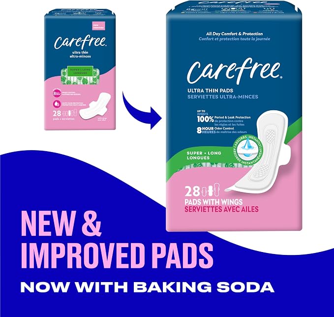 Carefree Ultra Thin Pads for Women, Super/Long Pads with Wings, 28ct | Carefree Pads, Feminine Care, Period Pads & Postpartum Pads | 28ct (Pack of 1)