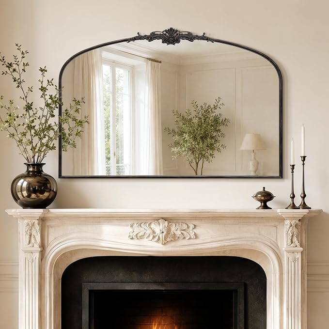 Besdomus Vintage Arched Black Mirror: 48"x33" Oversized Decorative Mirrors | French Baroque Metal Framed - Traditional Ornate for Home Renovation Decor - Ideal for Foyer/Entryway/Fireplace/Living Room